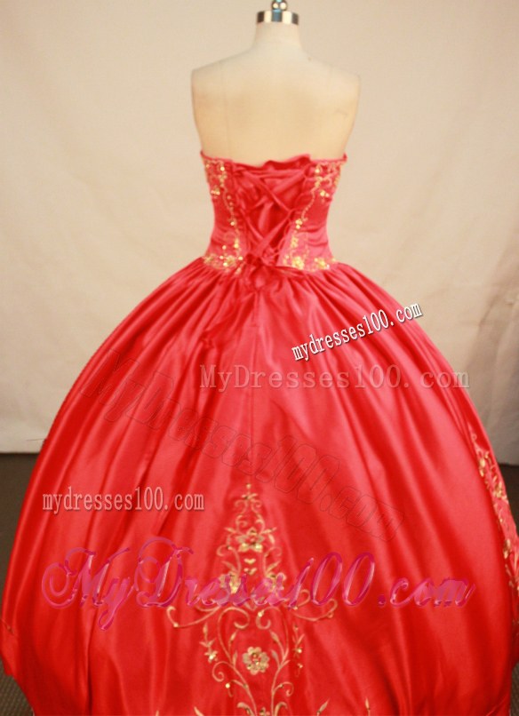 Red Satin Ball Gown Quince Dress with Gold Embroidery for Cheap